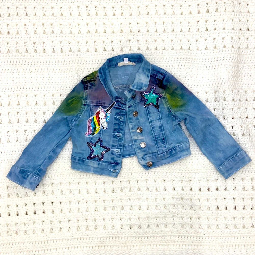 Last chance! Toddler jean jacket w/ sequin unicorn stars,ice cream, happy